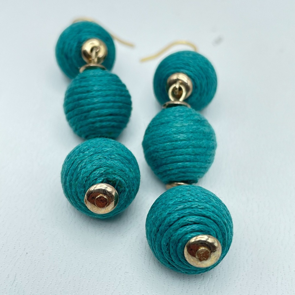 Vintage Y2K Boho Teal Thread Wrapped Ball Drop Earrings Gold-Tone Hooks Jewelry